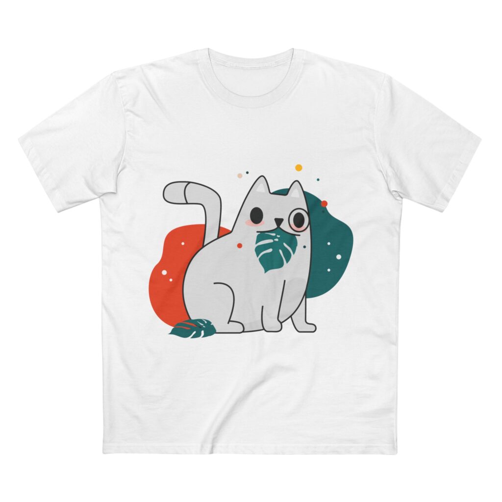 Cat Leaf Tee — Cute White Cat Graphic T-Shirt
